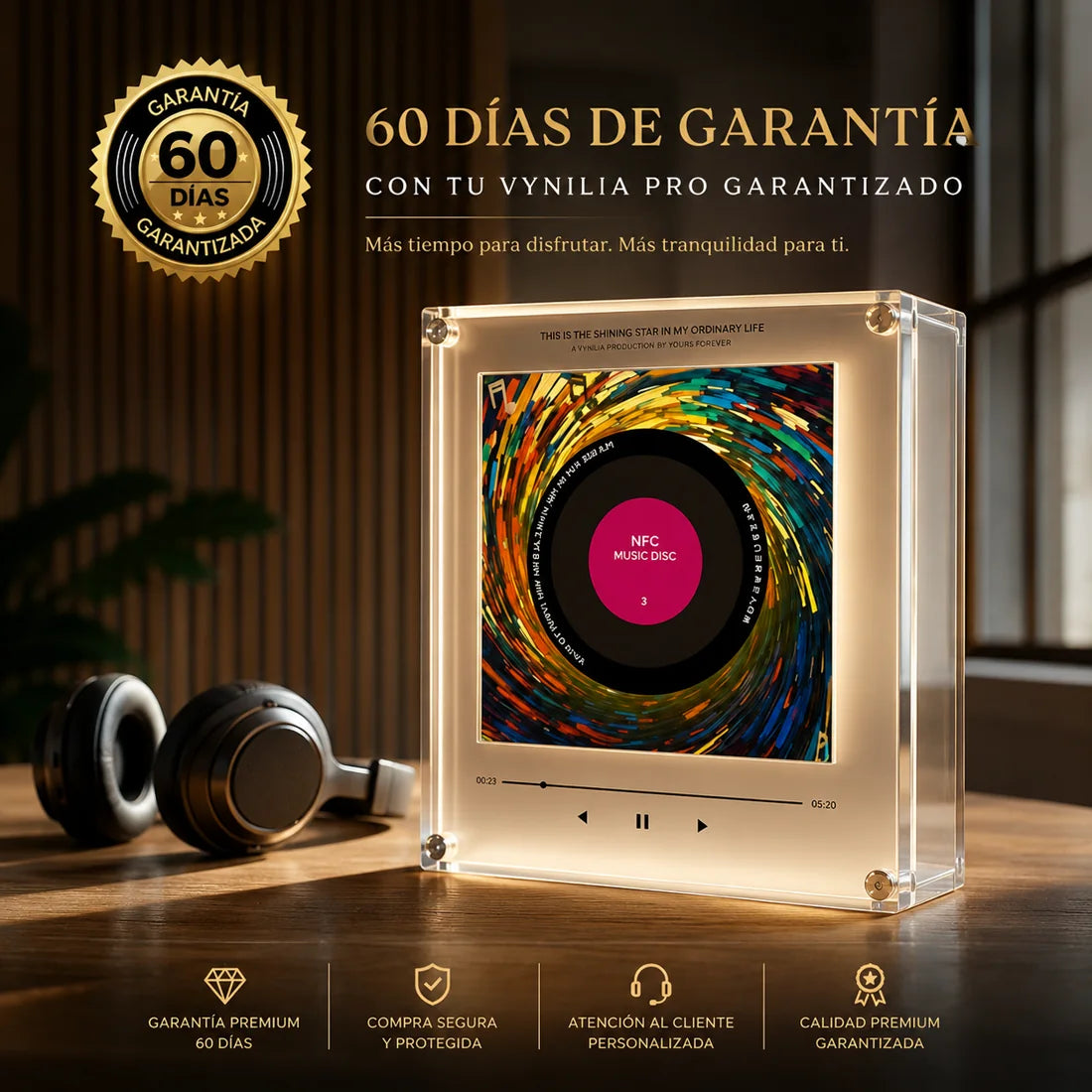 60 días de garantía con tu Vynilia™ Pro. Más tiempo para disfrutar, más tranquilidad para ti: garantía premium de 60 días, compra segura y protegida, atención al cliente personalizada y calidad premium garantizada.